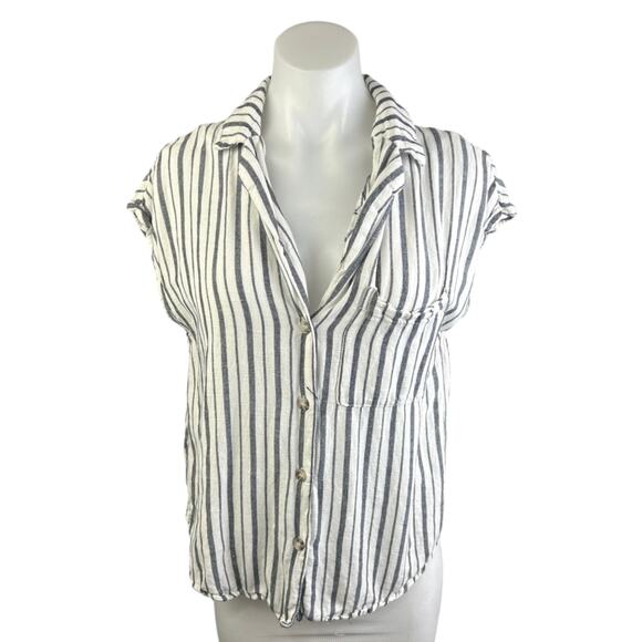 MNG Mango White Gray Linen Striped Cap Sleeve Button Down Shirt Blouse Top Sz 4 - Picture 1 of 4
